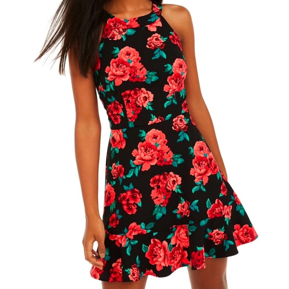 BCX Floral Mini Dress Fit and Flare Halter Black Red Green Size 3 NWT